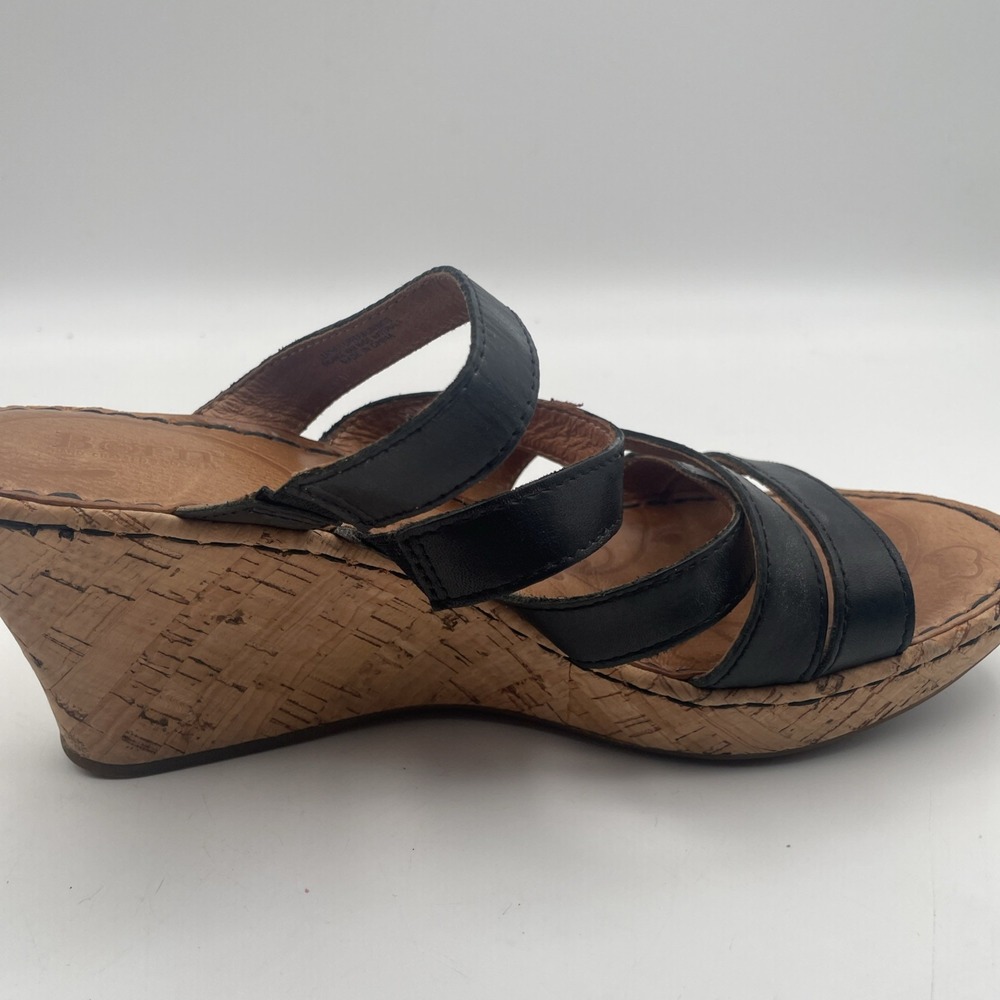 Born Women's Wedge Sandal Size 7/38 Cork Heel Platform Black Leather Strappy - Picture 4 of 9
